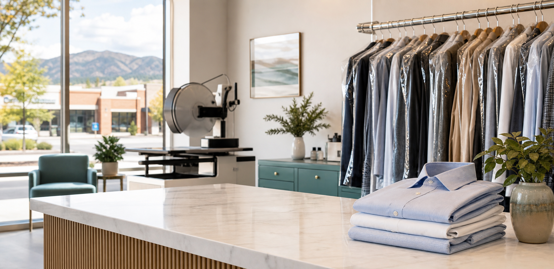 Clean dry cleaning counter with garments